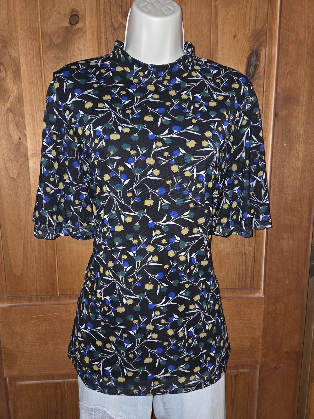 Anne Klein Black Floral Mock Neck Blouse